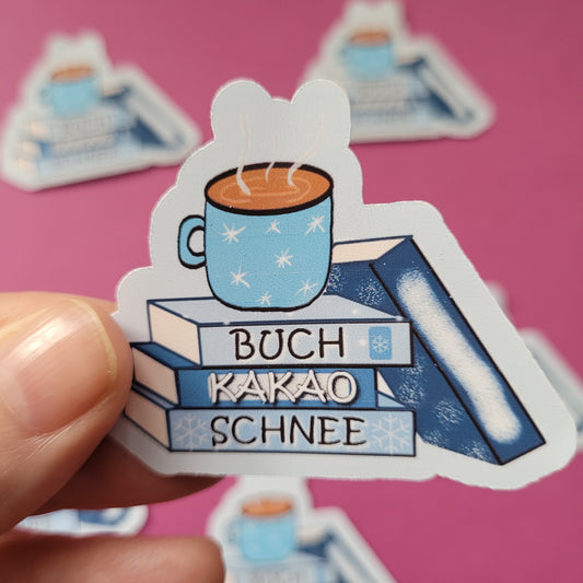Sticker „Buch, Kakao, Schnee"