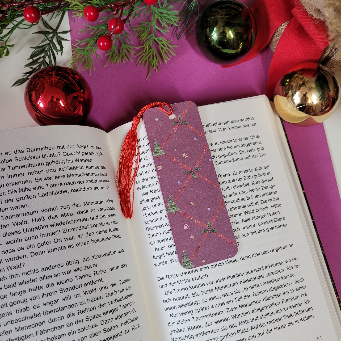 Unikat-Lesezeichen "Weihnachtsbaum & Mistelzweig mit Glitzer"
